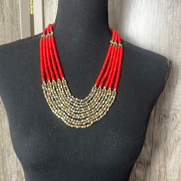 Metallic beaded tribal bohemian statement necklace - Picture 1 of 7